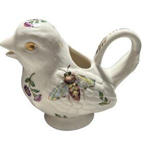 Grace's China Bird Creamer Porcelain Flowers Ladybug‎ Bee 3.5" T 4.25" Wide